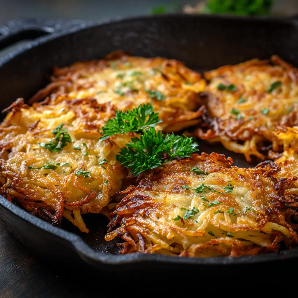 German Potato Pancakes (Authentic Kartoffelpuffer) 1 A batch of German potato pancakes frying in a skillet to a perfect golden brown, ready to be flipped.