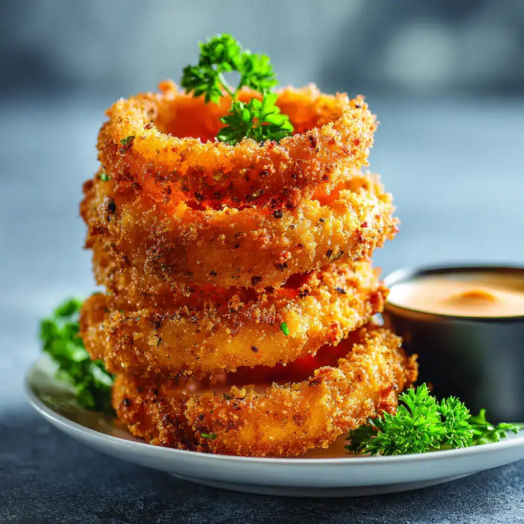 A batch of homemade onion rings being fried to a perfect golden brown in a pot of hot oil.