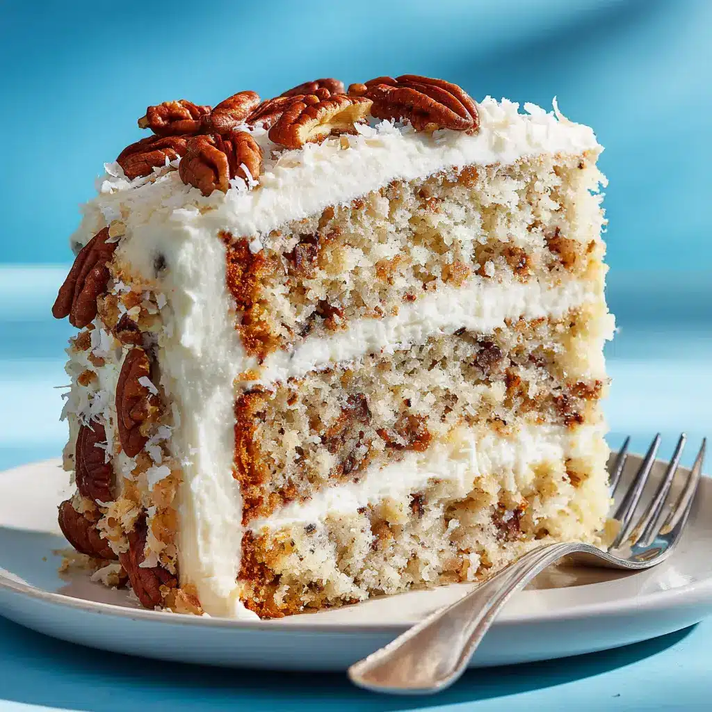 The full 3-layer Italian Cream Cake before slicing, decorated with a thick layer of cream cheese frosting and chopped pecans.