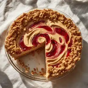 An overhead view of the full Peanut Butter and Jelly Pie in a pie dish, showcasing the decorative jelly swirl on top of the creamy peanut butter filling.