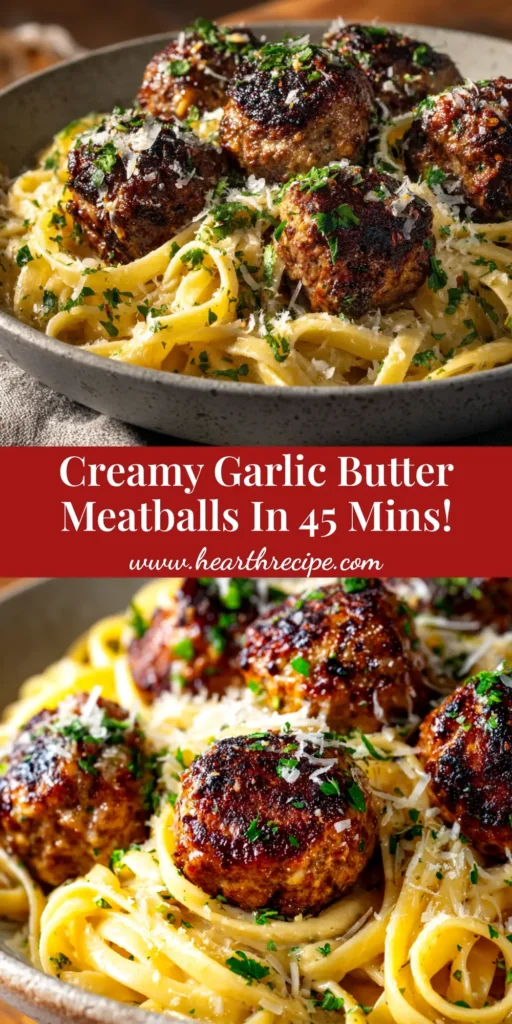 A close-up shot of juicy garlic butter meatballs in a skillet, garnished with fresh parsley. The perfect easy meatball appetizer or dinner.