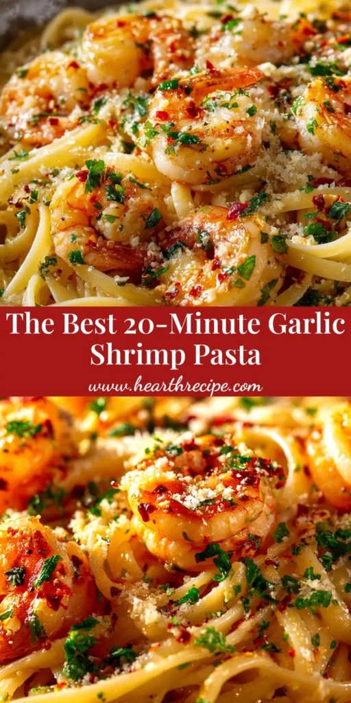 Garlic Butter Shrimp Pasta (Ready in 20 Minutes!) 3 A top-down view of a white bowl filled with delicious garlic butter shrimp pasta, garnished with fresh parsley and lemon wedges on the side.