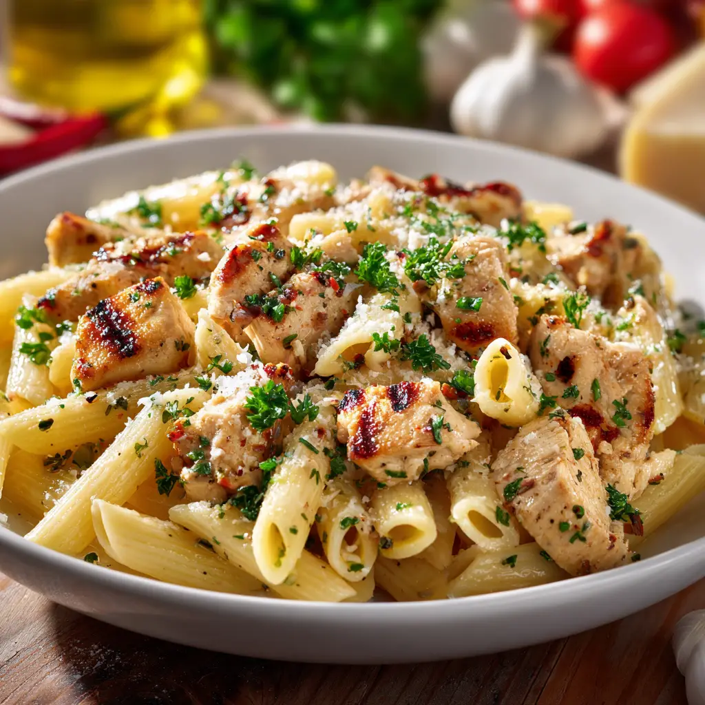 Garlic Parmesan Chicken Pasta: The Ultimate Weeknight Dinner 1 A fork twirling Garlic Parmesan Chicken Pasta, lifting a perfect bite from the bowl.