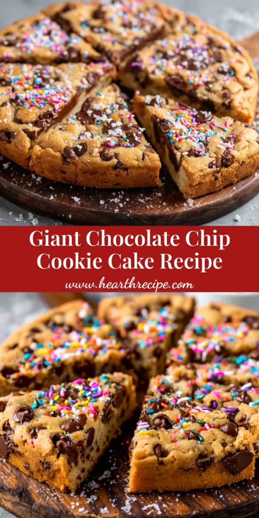 A slice of giant chocolate chip cookie cake being lifted from the whole cake, which is decorated with buttercream frosting and colorful sprinkles.