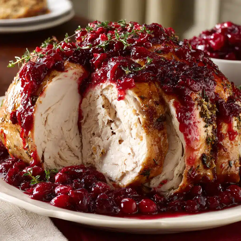 The cranberry orange glaze being brushed onto the turkey breast during the roasting process in a pan.