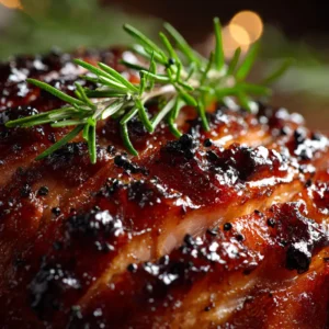 A close-up view of the brown sugar pineapple glaze being poured over a spiral-cut ham in a slow cooker before cooking.