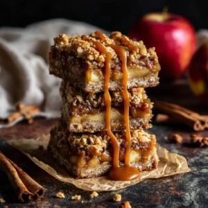 A close-up shot of gooey apple crumble bars with caramel. The layers of buttery crust, tender apples, and oat topping are clearly visible.