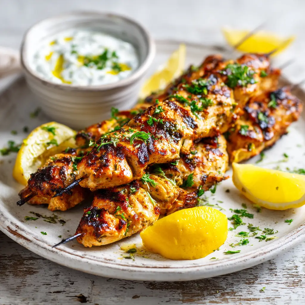 Greek Chicken Marinade (The Best & Easiest Recipe) 1 The simple ingredients for the Greek chicken marinade—olive oil, a lemon, garlic, and oregano—arranged beautifully on a rustic wooden board.