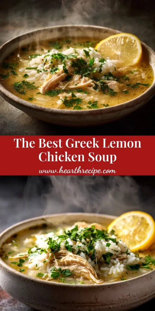A large white bowl filled with creamy Greek Lemon Chicken Soup, garnished with fresh dill. The soup has tender chicken and orzo pasta.