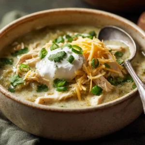 A close-up shot of green enchilada chicken soup in a rustic beige bowl, highlighting the creamy texture with shredded chicken and corn.