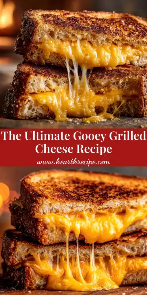 A perfectly golden grilled cheese sandwich recipe cut in half to show a satisfying, gooey cheese pull, resting on a rustic wooden board.