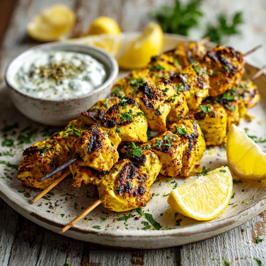 Greek Chicken Marinade (The Best & Easiest Recipe) 2 Juicy grilled Greek chicken skewers, golden-brown and glistening, served on a platter with fresh lemon and parsley. The result of the best lemon herb chicken marinade.