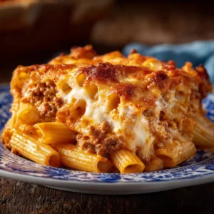 Ingredients for the ground beef casserole recipe laid out on a wooden surface, including ground beef, pasta, cheese, and tomatoes.
