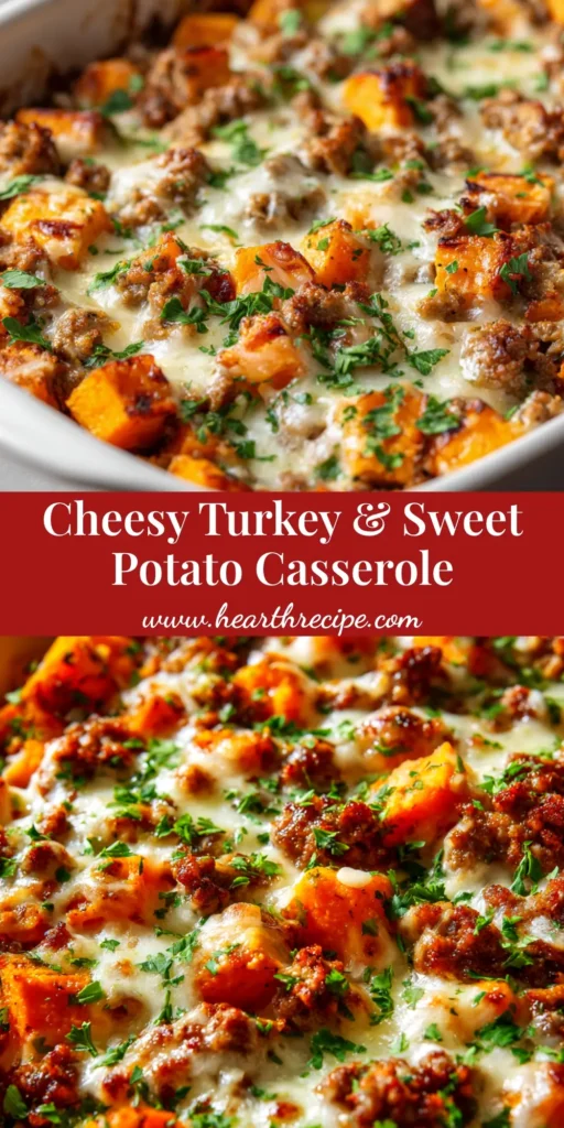 A delicious and healthy Ground Turkey Sweet Potato Bake in a white baking dish, garnished with fresh parsley. The perfect one-pan meal for a weeknight dinner.