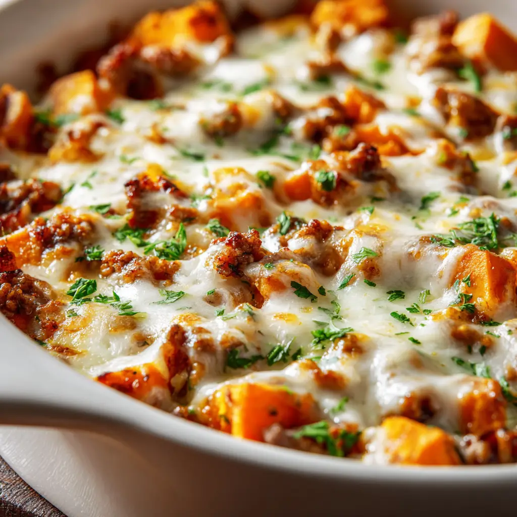 A single serving of the ground turkey sweet potato bake on a white plate, ready to be eaten.