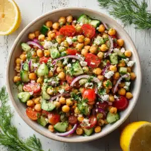 A colorful bowl of healthy chickpea salad with cucumber, tomatoes, and red onion, tossed in a lemon vinaigrette.