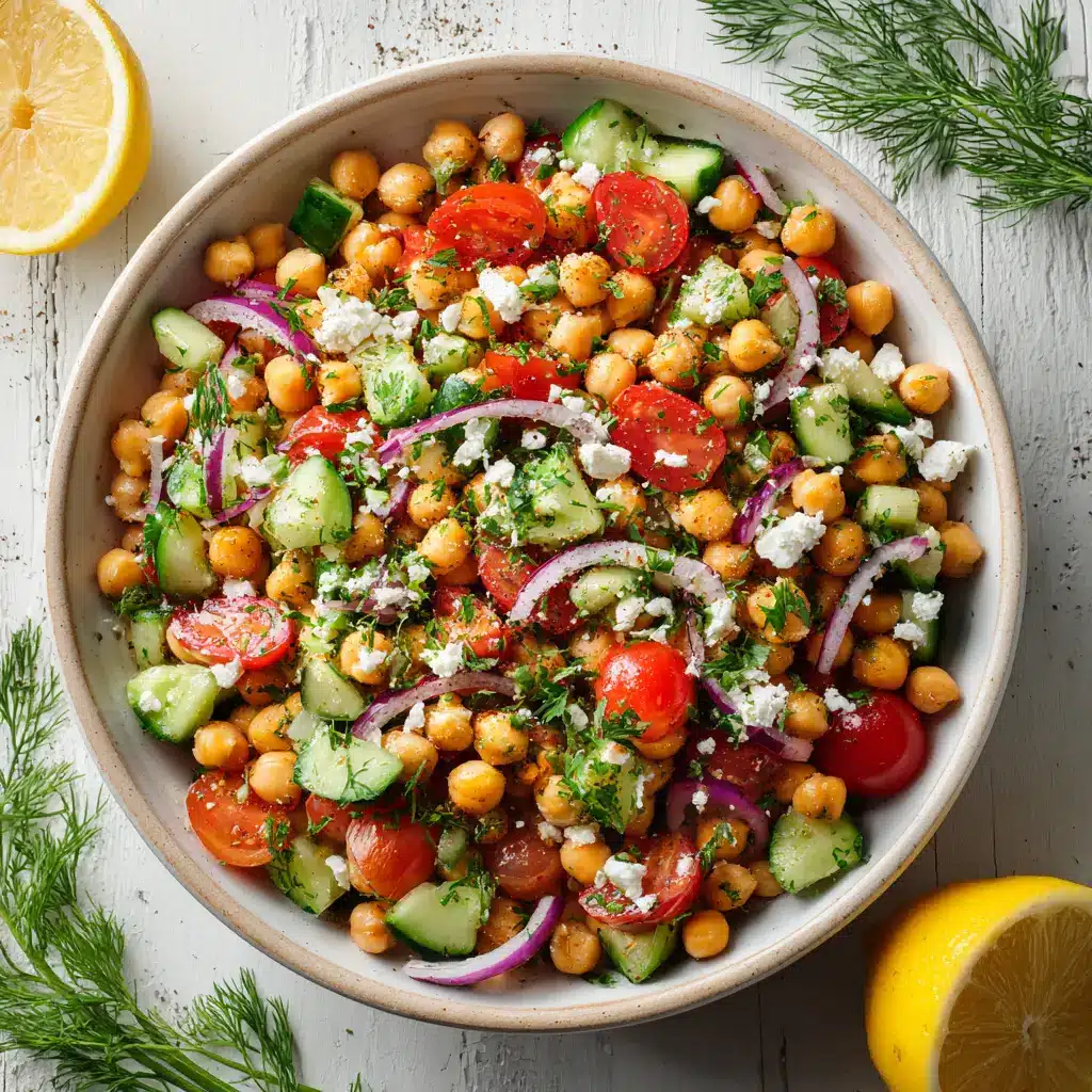 A colorful bowl of healthy chickpea salad with cucumber, tomatoes, and red onion, tossed in a lemon vinaigrette.