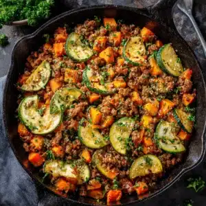 A close-up view of the ground beef and sweet potato skillet, showing the tender vegetables and seasoned beef.