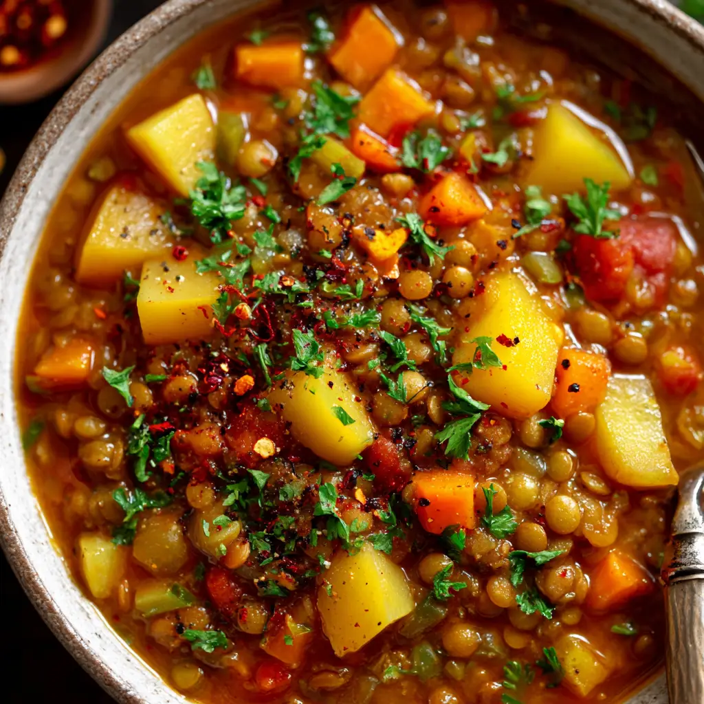 Lentil Vegetable Soup: The Ultimate Hearty Recipe 2 A close-up overhead shot of the lentil vegetable soup simmering in a large Dutch oven, showing the texture of the lentils and vegetables.