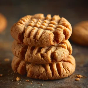 An extreme close-up of three healthy peanut butter cookies stacked on top of each other, highlighting their soft and chewy texture.