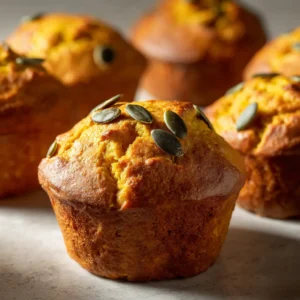 A close-up shot of a healthy pumpkin protein muffin, showcasing its tender crumb and texture. A sprinkle of pumpkin seeds is visible on top.