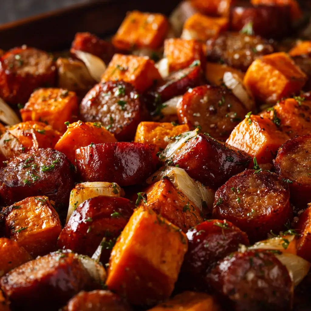 Sheet Pan Sausage and Sweet Potatoes: The Ultimate Weeknight Dinner 1 A serving of the healthy sheet pan recipe on a white plate, ready to be eaten. Shows the balanced nature of the meal.