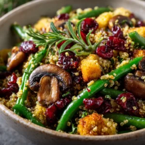 A close-up shot of the healthy Thanksgiving side, showing the texture of the fluffy quinoa, crisp green beans, and toasted pecans.