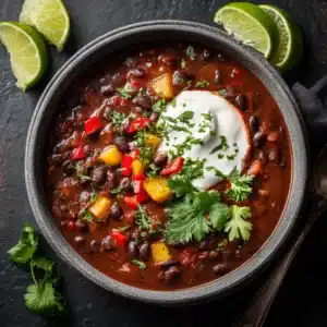 An overhead shot of a bowl of thick, hearty black bean soup, topped with fresh cilantro and a swirl of cream.