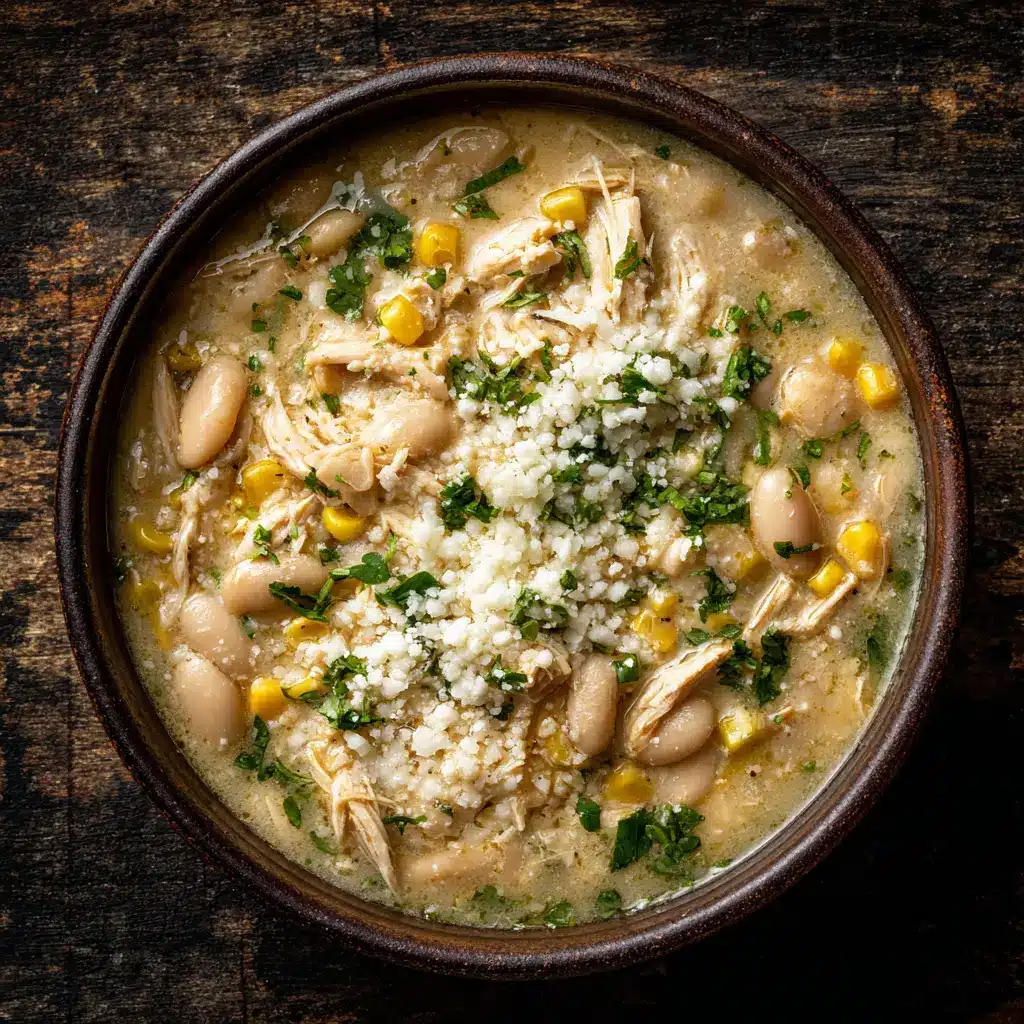 A spoonful of crockpot white chicken chili being lifted from a bowl, showing its thick consistency and hearty ingredients like chicken and Great Northern beans.