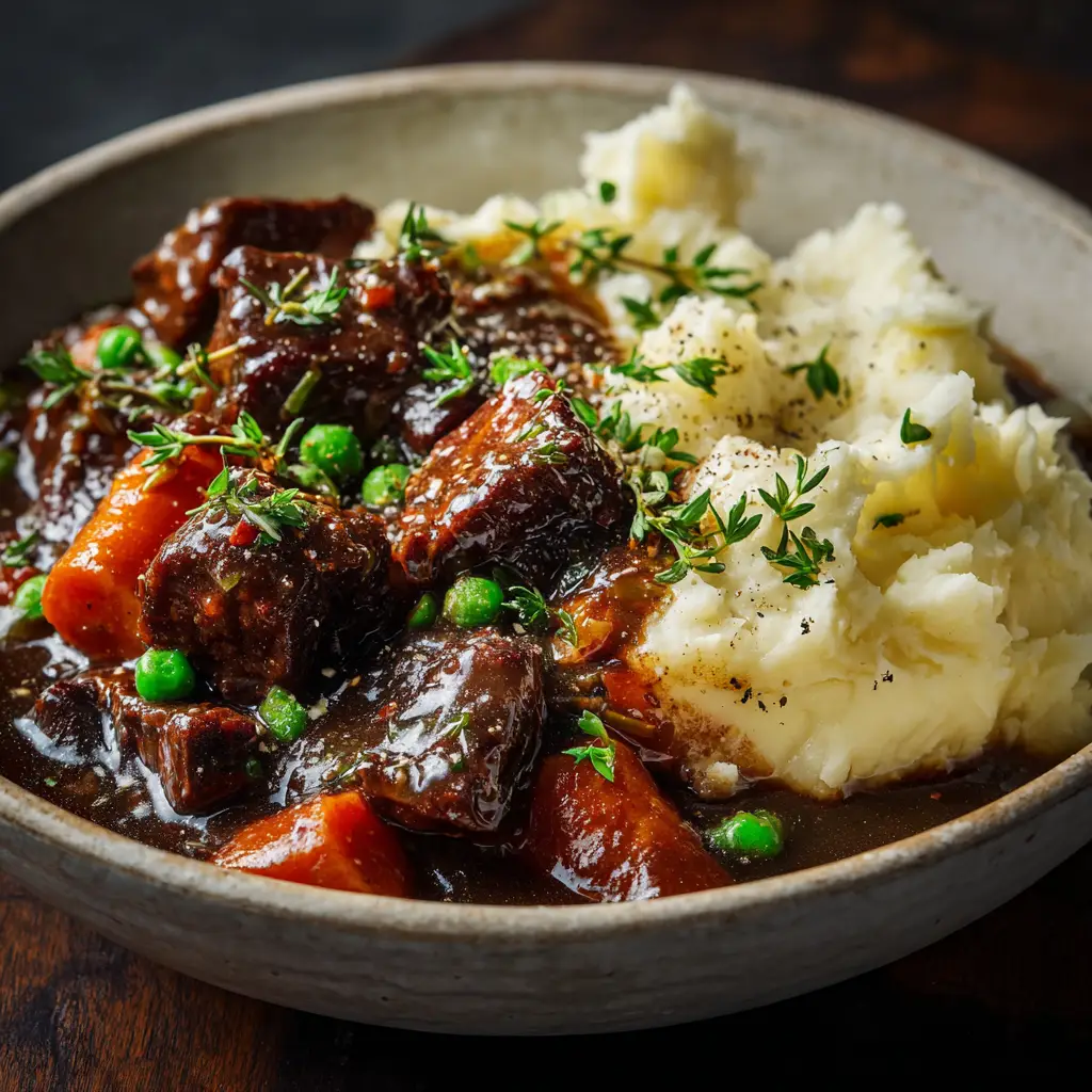 A spoonful of hearty Irish lamb stew being lifted from a bowl, showing the rich broth and perfectly cooked vegetables.