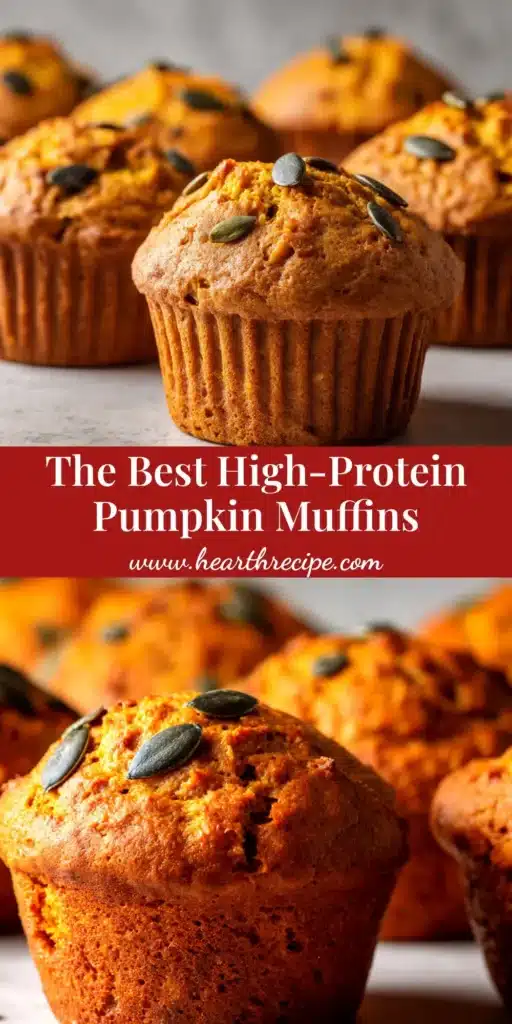 A stack of delicious high protein pumpkin muffins on a plate, with one muffin cut open to show the moist texture. Perfect for a healthy fall breakfast or snack.