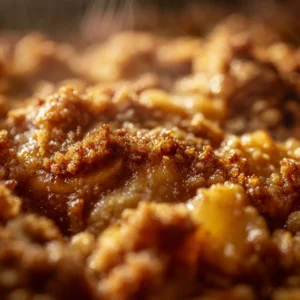 A baking dish filled with homemade apple crisp, showing the bubbly spiced apple filling underneath a golden-brown oat topping.