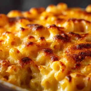 An extreme close-up of homemade baked macaroni and cheese in a rustic dish, highlighting the gooey, melted cheese sauce coating every piece of pasta.