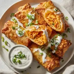 An overhead shot of several buffalo chicken egg rolls arranged on a dark plate, showing off their perfectly golden and bubbly fried wrappers.