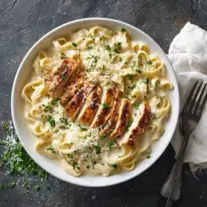 A close-up view of the homemade chicken alfredo, highlighting the creamy parmesan sauce coating the fettuccine noodles and tender chicken.