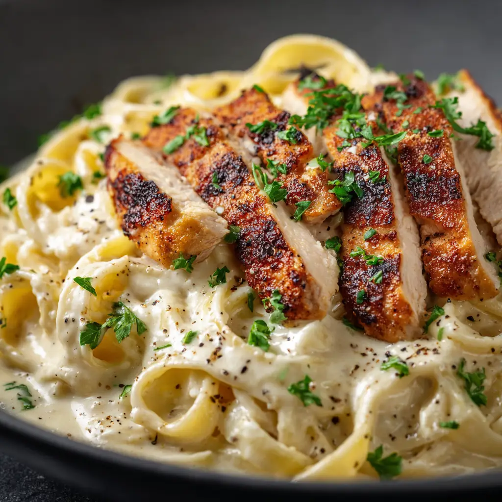 A forkful of homemade chicken alfredo, showcasing the creamy parmesan garlic sauce.