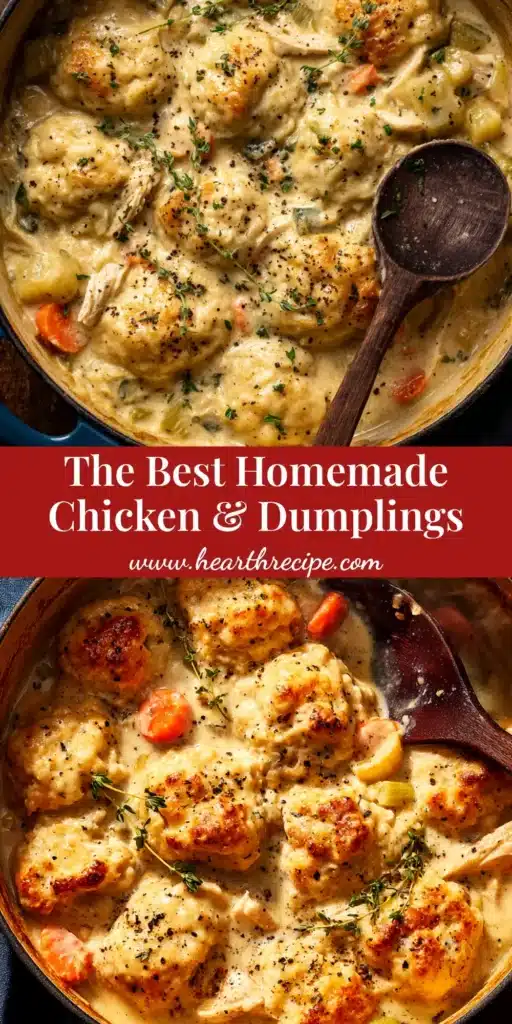 A cozy bowl of homemade chicken and dumplings, with fluffy dumplings and tender chicken in a creamy broth, garnished with fresh parsley.