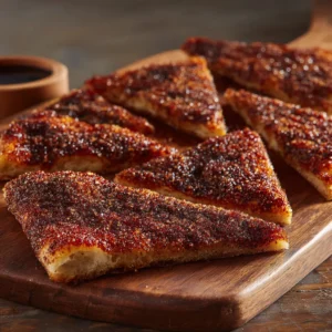 A slice of homemade dessert pizza with cinnamon sugar topping being lifted from the pan, showing a gooey, melted topping.