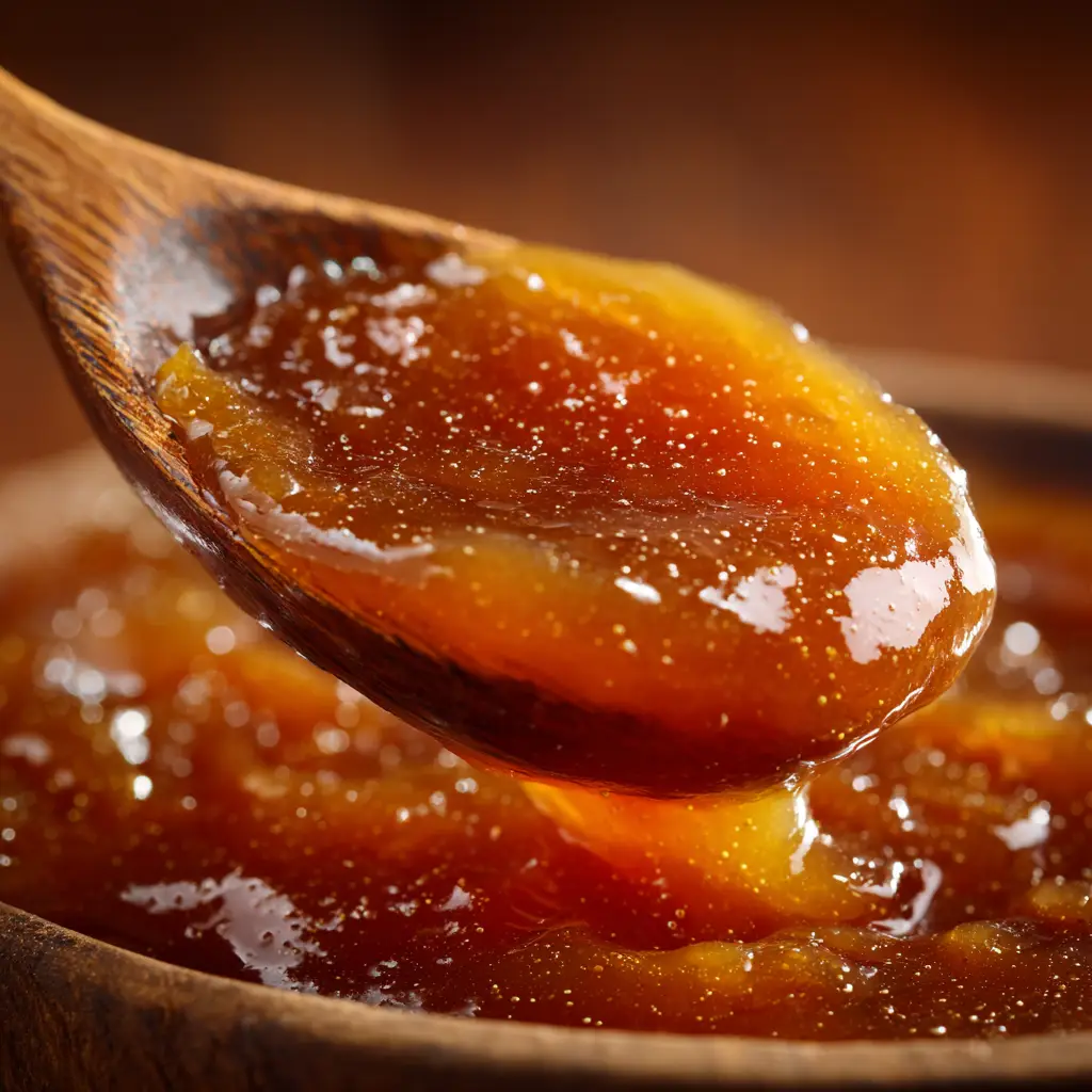 Slow Cooker Apple Butter: The Easiest, Most Flavorful Recipe 2 A macro shot showing the thick, glistening texture of homemade crockpot apple butter on a spoon.