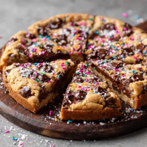 A freshly baked giant chocolate chip cookie cake cooling in a round pan before being frosted.