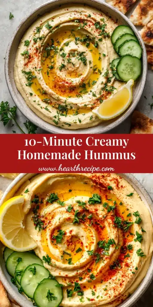 An overhead shot of a bowl of creamy homemade hummus recipe, garnished with olive oil and fresh herbs, with pita bread on the side.