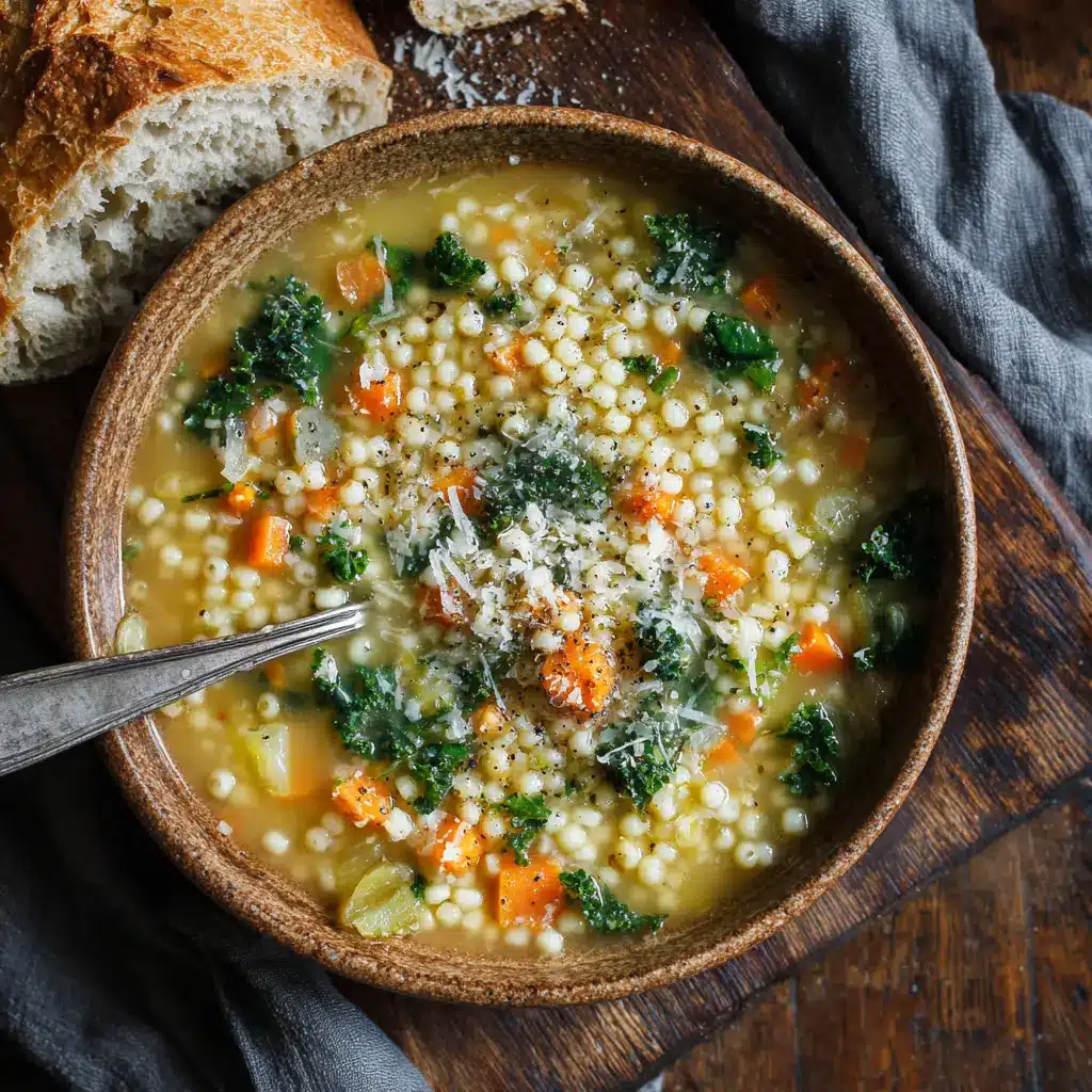 A spoonful of homemade Italian pastina soup being lifted from a bowl, showing the thick, comforting texture created by the tiny pasta and melted Parmesan.