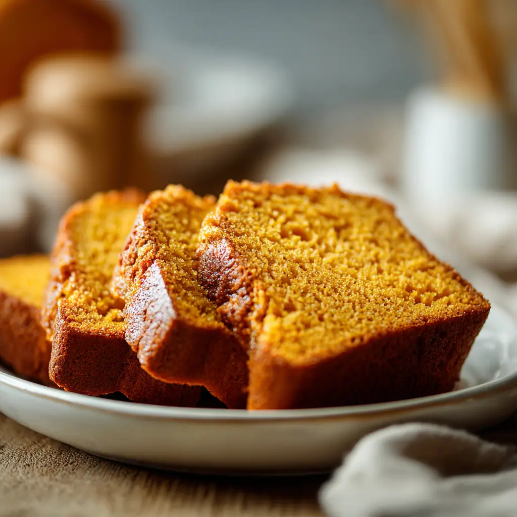 A stack of three homemade pumpkin bread slices, ready to be served. The texture is visibly soft and delicious.