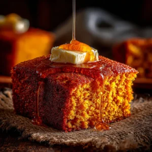An extreme close-up of a square slice of homemade pumpkin cornbread, showing its incredibly moist and tender crumb.