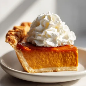 A close-up shot of a perfect slice of homemade pumpkin pie, showing its creamy texture and flaky crust.