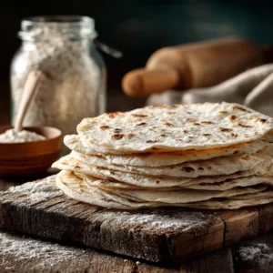 A beautiful stack of freshly cooked sourdough discard tortillas, showcasing their soft texture and characteristic brown spots.