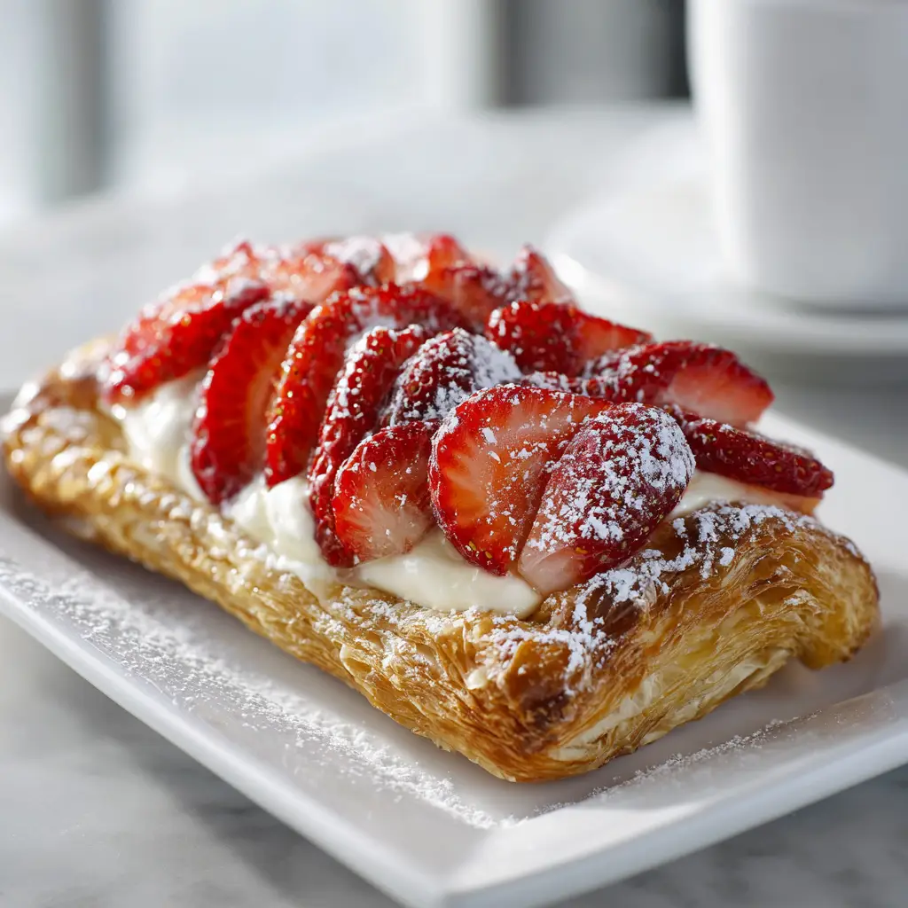 Strawberry Cream Cheese Danish (The Easiest, Flakiest Recipe!) 1 A tray of freshly baked strawberry cream cheese danishes cooling on a wire rack before being glazed.