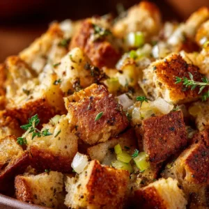 A close-up shot showing the texture of a homemade stuffing recipe, with visible pieces of sausage, celery, and fresh herbs mixed with toasted bread cubes.