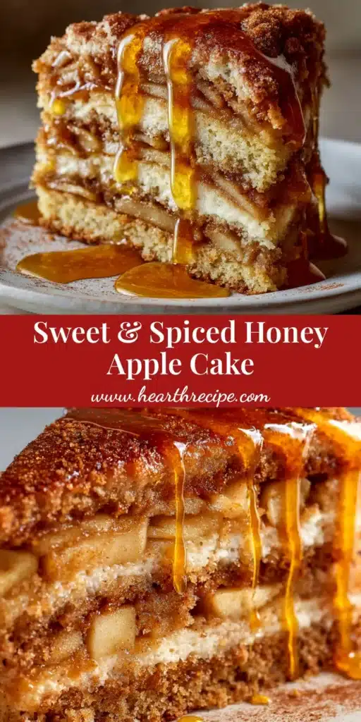 Honey Apple Cake (The Only Recipe You'll Ever Need) 4 A beautiful slice of moist honey apple cake on a white plate, showcasing tender apple chunks and a golden-brown crumb. The cake is garnished with a drizzle of honey.
