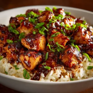 A close-up shot of a fork lifting a piece of sticky honey bbq chicken from a bed of fluffy rice. The glaze on the chicken is perfectly caramelized.